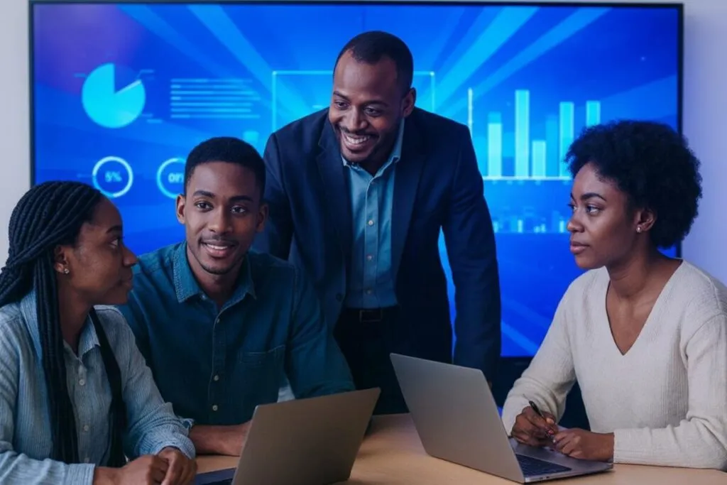 Jóvenes emprendedores tanzanos trabajando en equipo reflejan la alianza entre Tanzania Startup Association y Africapital