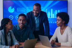 Jóvenes emprendedores tanzanos trabajando en equipo reflejan la alianza entre Tanzania Startup Association y Africapital