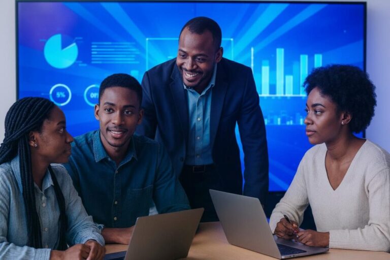 Jóvenes emprendedores tanzanos trabajando en equipo reflejan la alianza entre Tanzania Startup Association y Africapital