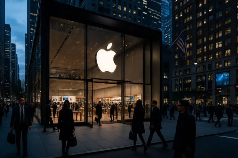 Fachada de Apple en Estados Unidos reflejando presión en mercados por falta de liderazgo en inteligencia artificial