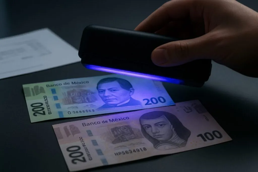 Imagen editorial sobre billetes falsos en México y medidas de seguridad financiera