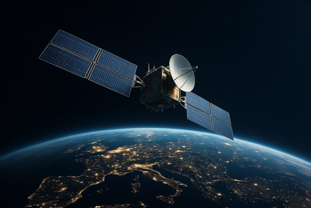Satélite europeo en órbita representando inversión de €31 millones en 5G espacial por Univity
