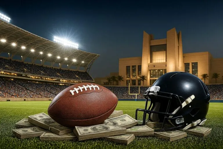 NFL en Arabia Saudita muestra estadio moderno y balón de fútbol americano como parte de la estrategia económica del reino.