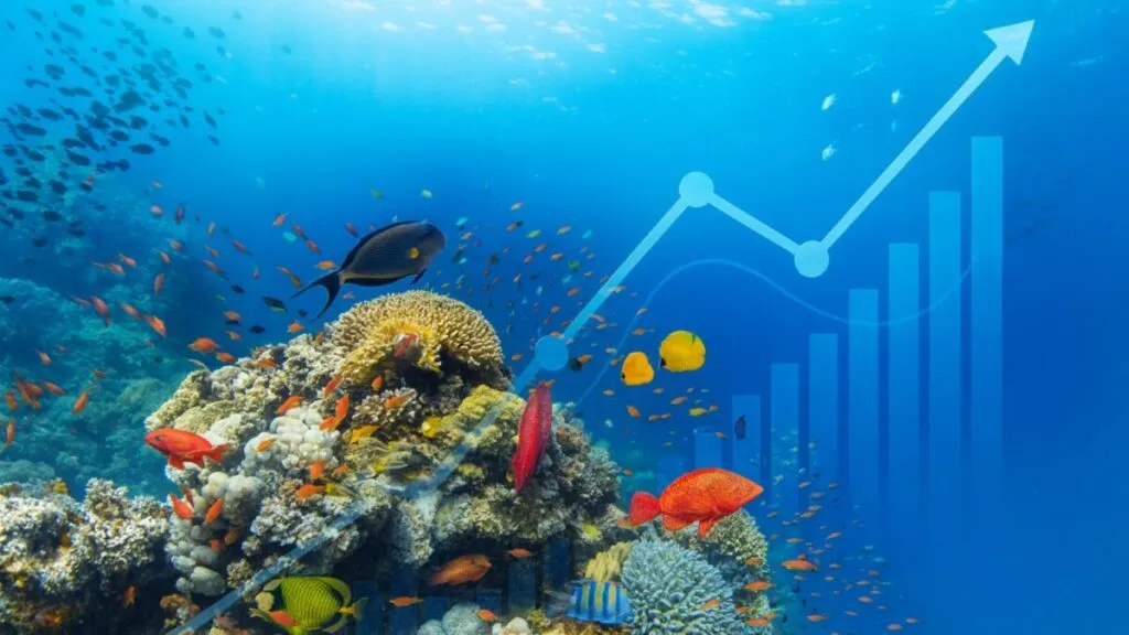 Ilustración editorial de océanos y finanzas sostenibles representando fondo de bonos azules en mercados emergentes