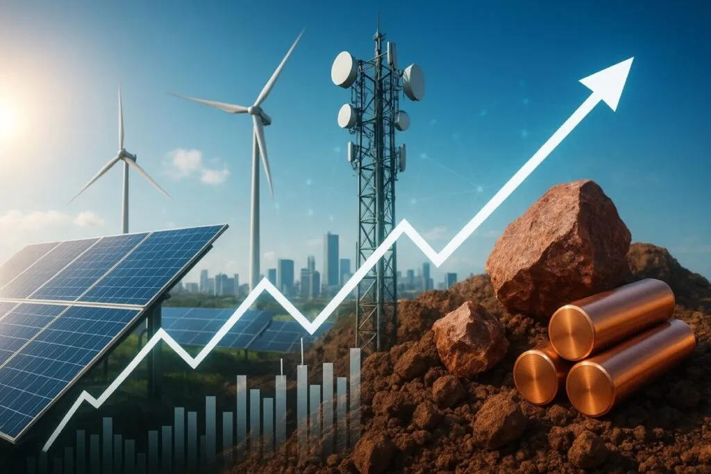 Imagen profesional que muestra valores bursátiles en América Latina con enfoque en energía, telecomunicaciones y minería.