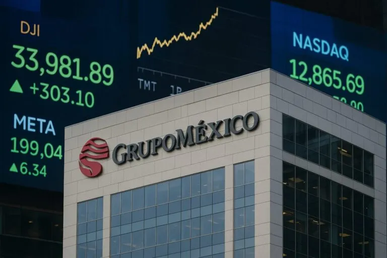 Fotografía editorial del edificio de Grupo México con indicadores bursátiles reflejando caída tras anunciar oferta por Banamex en la Bolsa Mexicana