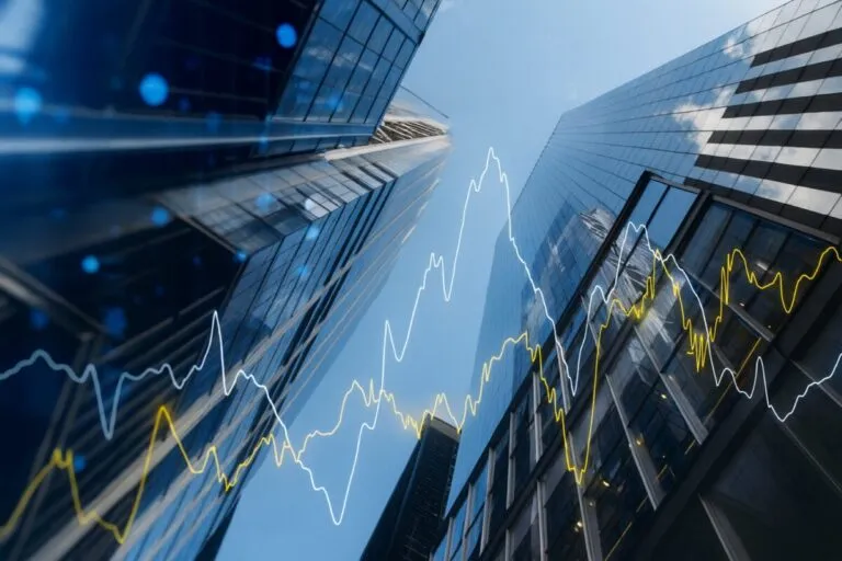 Gráfica de crecimiento bursátil y logos de empresas tecnológicas en el contexto de la inteligencia artificial