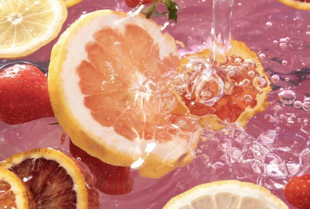 Frutas frescas bajo un chorro de agua cristalina, simbolizando la pureza, frescura y los beneficios naturales de Agua VIDA con Vitaminas Antioxidantes.