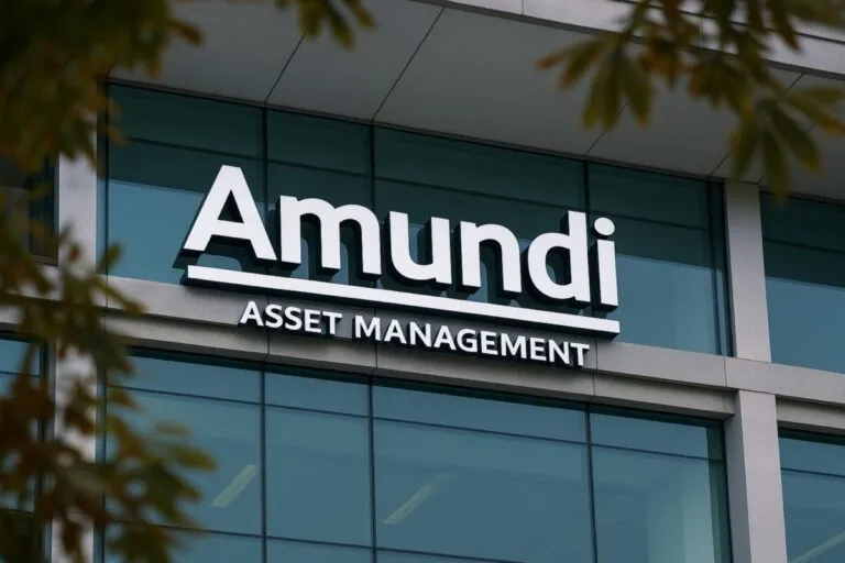 Fachada moderna de Amundi Asset Management con logo corporativo, imagen limpia y profesional en entorno urbano