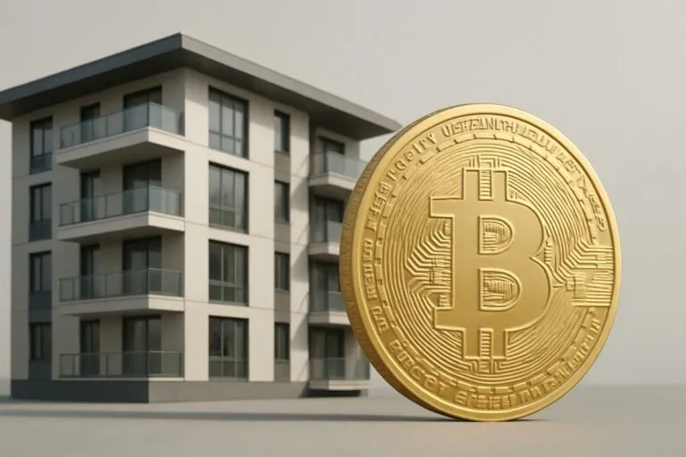 Ilustración de una propiedad residencial junto a un símbolo de Bitcoin dorado en fondo corporativo moderno