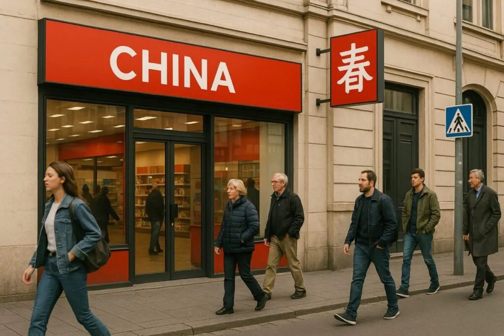 Entrada de una empresa china en Europa, símbolo del crecimiento empresarial chino en mercados internacionales