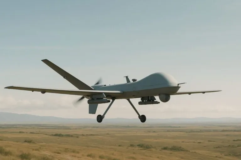 dron militar sobre paisaje estratégico con tonos tecnológicos