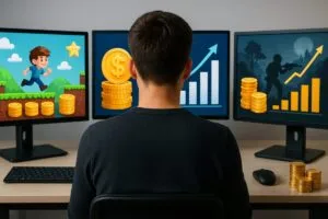 Diseño visual que representa cómo los videojuegos influyen en el consumo digital y las decisiones económicas en España