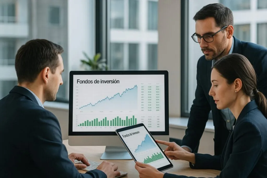 Analistas revisando rendimientos de fondos de inversión en Costa Rica en una plataforma digital moderna