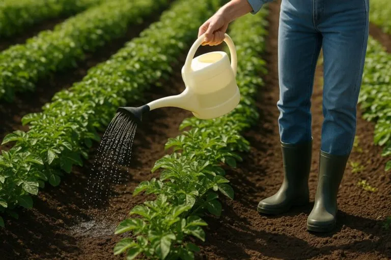 Persona aplica fertilizante agrícola en cultivo sostenible, en contexto de innovación francesa con orina tratada