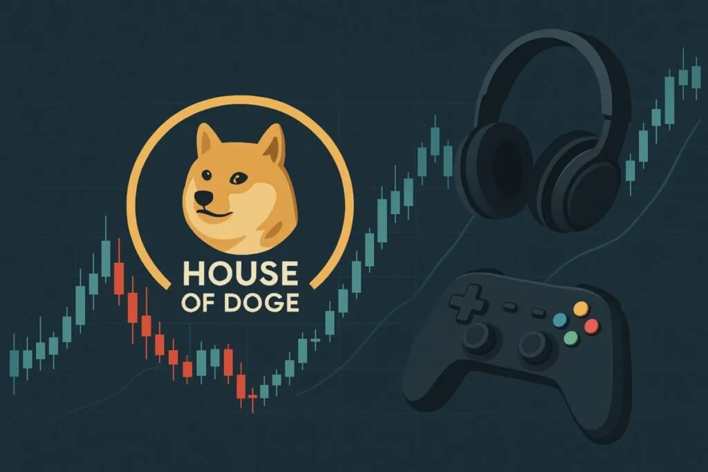 Logotipo de House of Doge fusionado con gráficos bursátiles y temática esports mostrar conexión corporativa y financiera