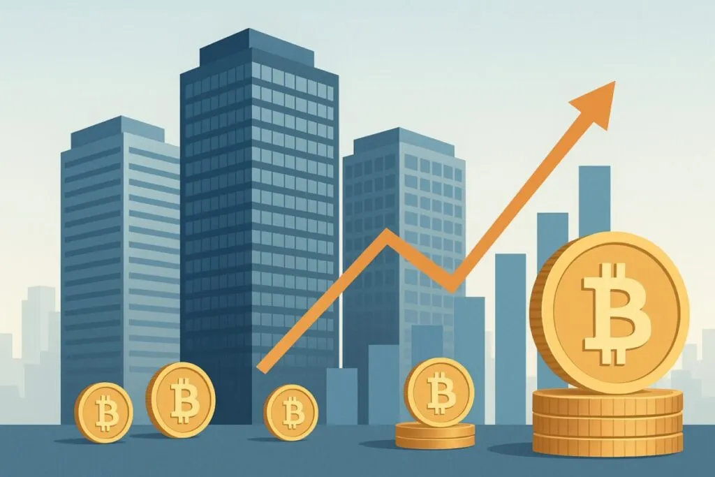 Ilustración de empresas financieras acumulando bitcoins, representa el 48% del suministro global