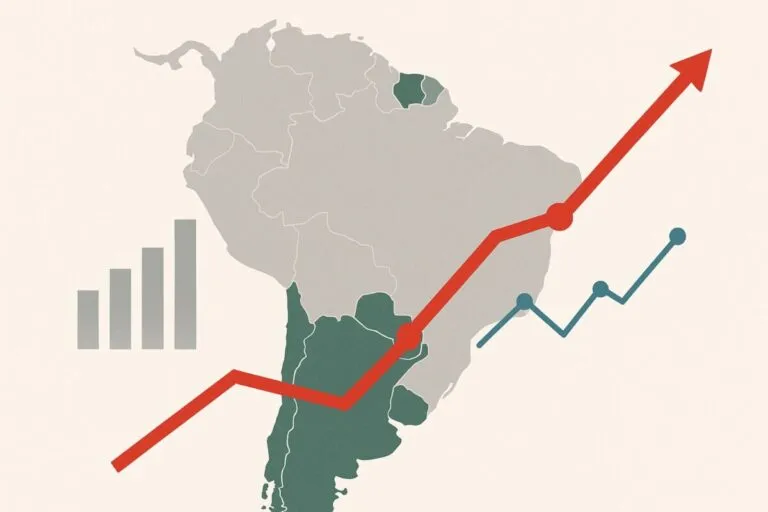 Gráfico estilizado que muestra regiones de crecimiento sudamericano destacado en tres países clave