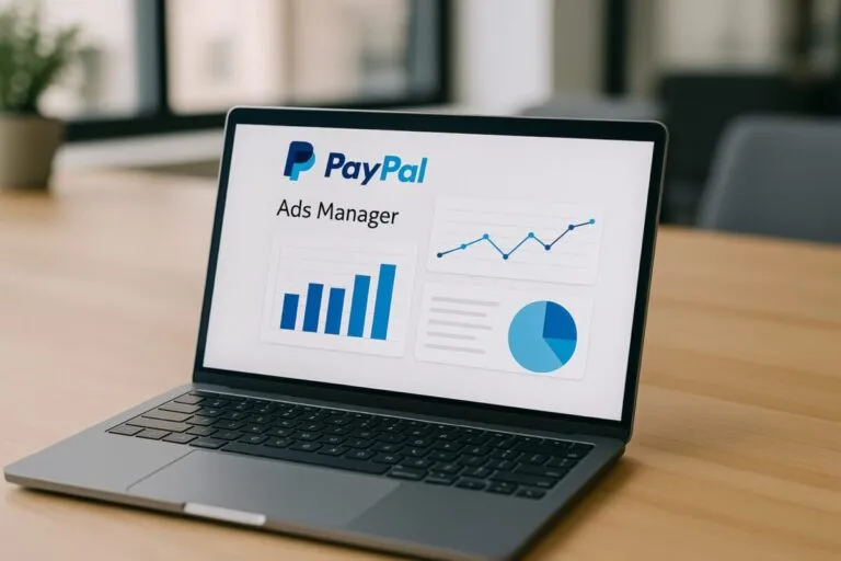 Interfaz de Ads Manager de PayPal en una laptop, con estadísticas y gráficas visibles