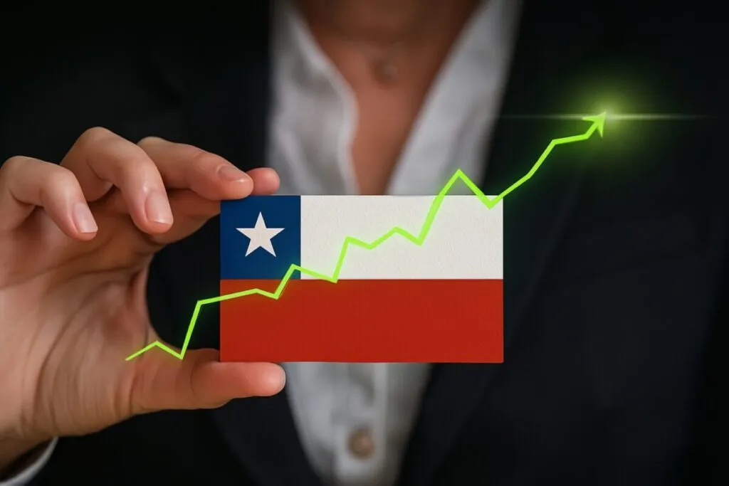 Gráfico financiero con bandera de Chile representando la carga impositiva y los impuestos en Chile