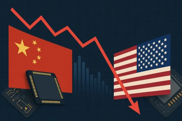Gráfico bursátil descendente con logos de empresas tecnológicas, reflejando la caída de acciones de semiconductores