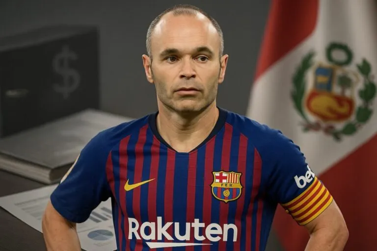 Imagen editorial de Andrés Iniesta junto a elementos visuales de investigación financiera en Perú