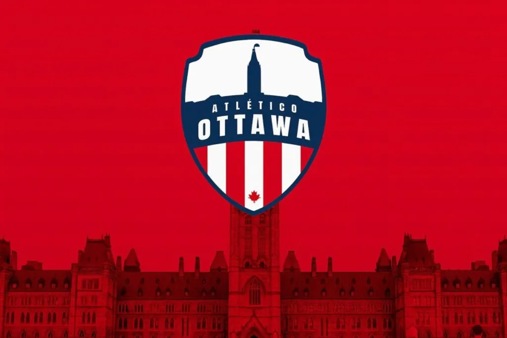 Estadio de fútbol en Canadá con la marca del Atlético Ottawa, destacando su modelo económico y deportivo