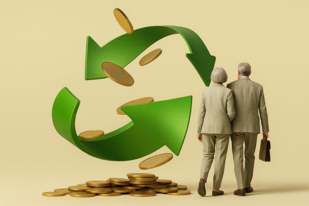 Imagen conceptual con pareja adulta y flechas verdes representando el traspaso de planes de pensiones