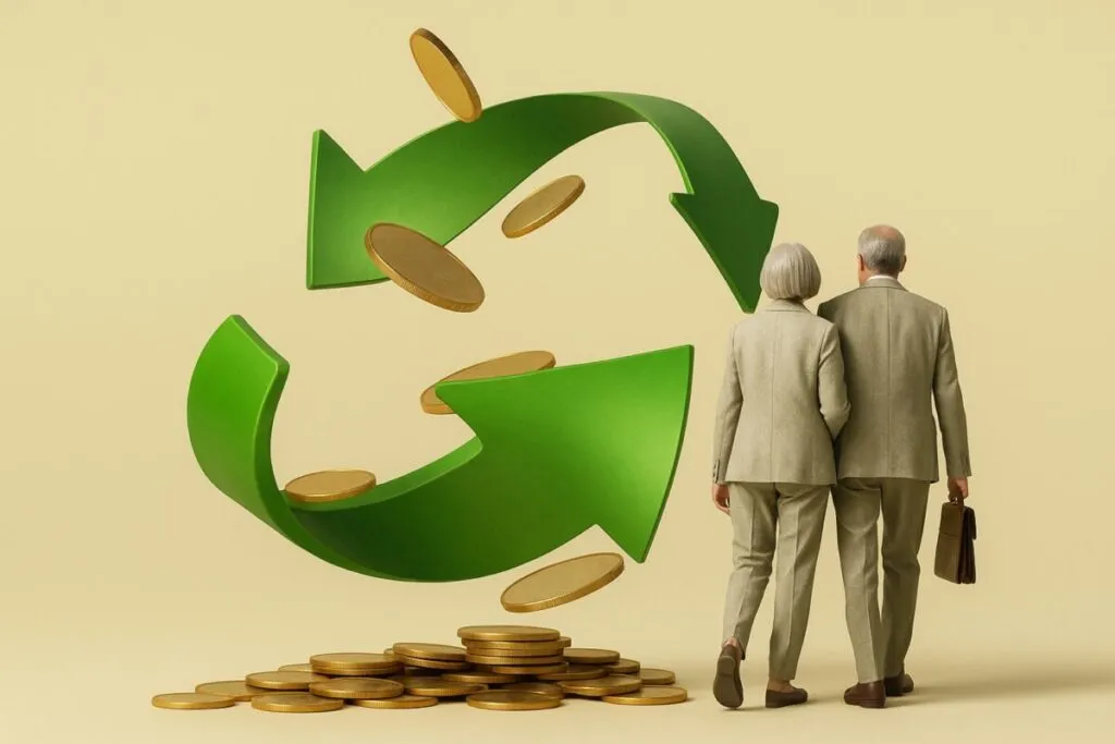 Imagen conceptual con pareja adulta y flechas verdes representando el traspaso de planes de pensiones