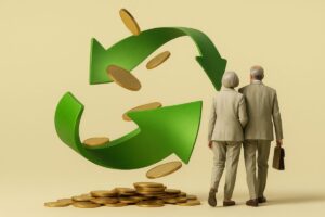 Imagen conceptual con pareja adulta y flechas verdes representando el traspaso de planes de pensiones