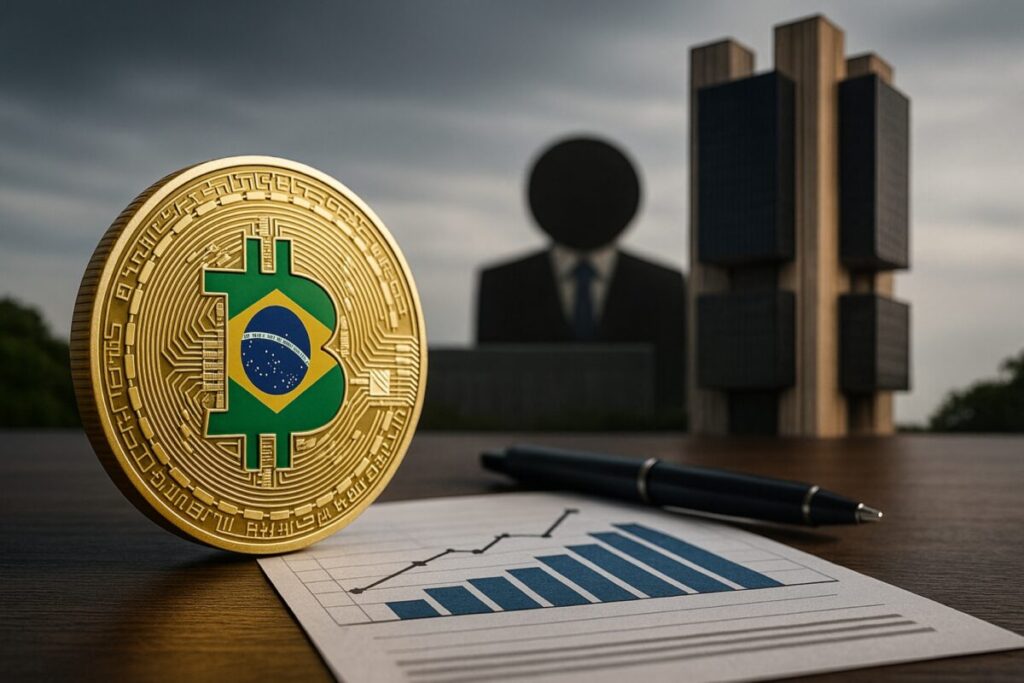Ilustración de la regulación de criptomonedas en Brasil con supervisión del Banco Central y proveedores digitales