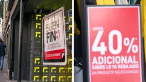 Ilustración editorial de compradores comparando precios en línea durante el buen fin, con ambiente tecnológico y moderno.