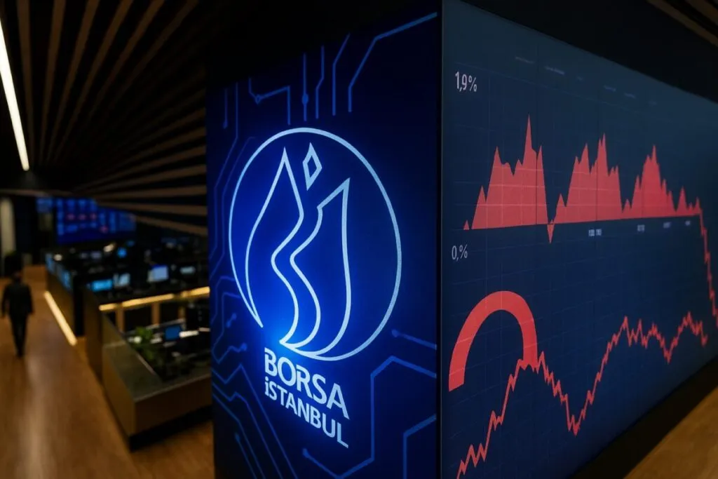 Gráfico financiero descendente con la bandera de Turquía, representando la caída de las bolsas de valores de Turquía