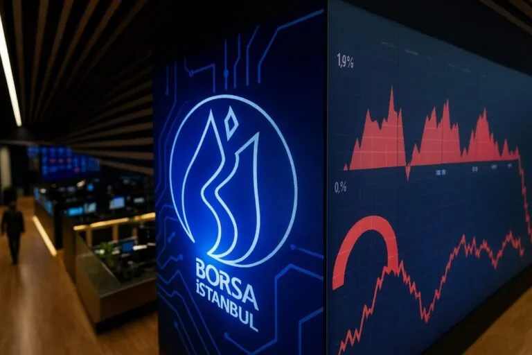 Gráfico financiero descendente con la bandera de Turquía, representando la caída de las bolsas de valores de Turquía