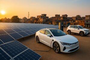 panorama de instalaciones solares y vehículos eléctricos en economías emergentes que simbolizan la descarbonización y el crecimiento sostenible