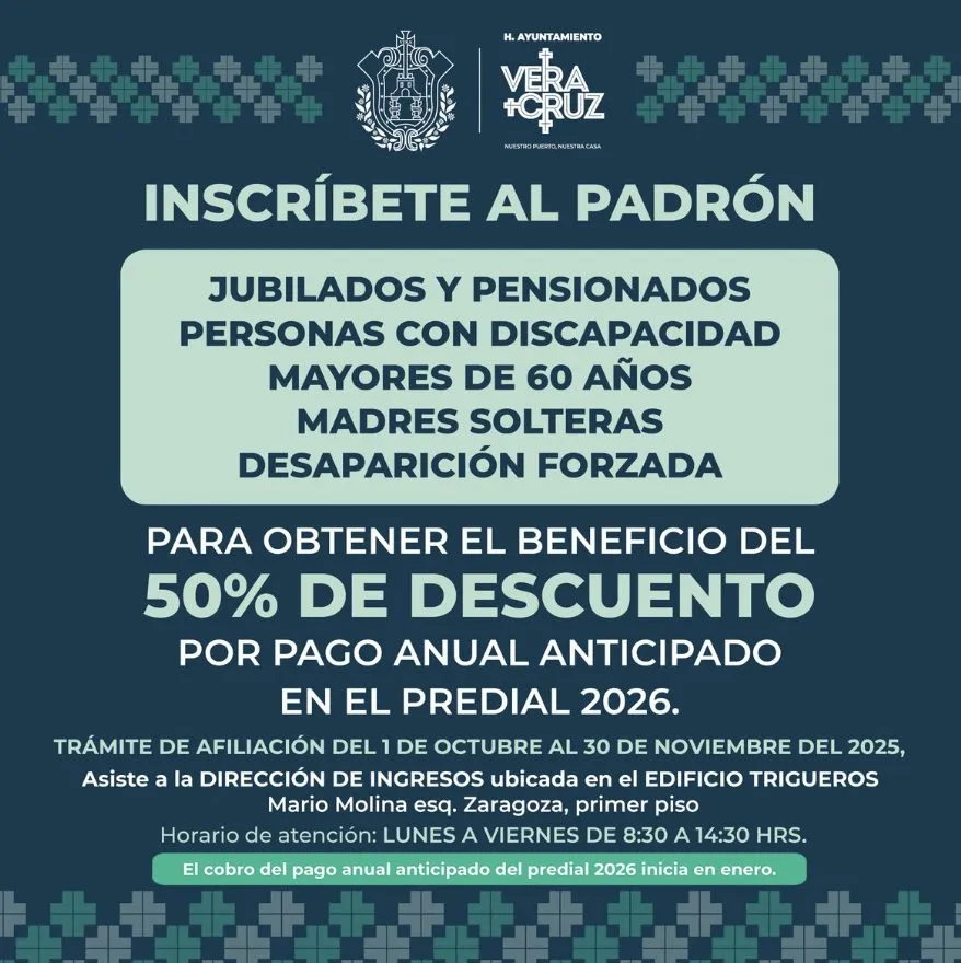 ¡Ahorra en tu predial 2026! Jubilados, pensionados, personas con discapacidad, mayores de 60, madres solteras y víctimas de desaparición forzada pueden inscribirse al padrón, insta Paty Lobeira.