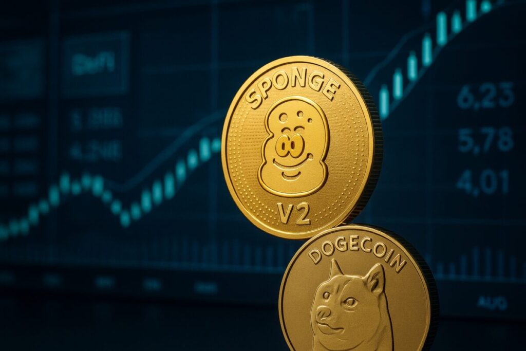 Representación visual de memecoin emergente con indicadores financieros y caída de Dogecoin