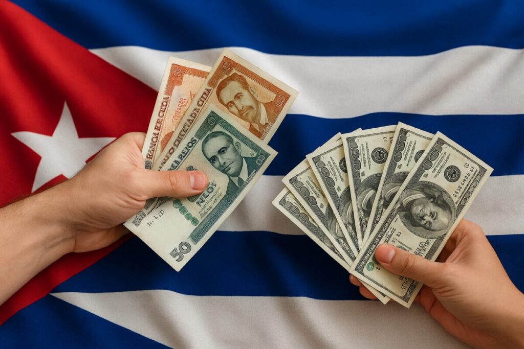 Manos intercambiando billetes de pesos cubanos y dólares sobre una bandera de Cuba, ilustrando el mercado cambiario
