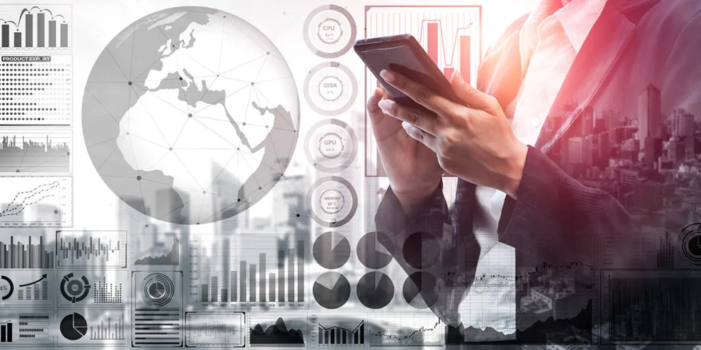 Mapa estilizado con indicadores de inversión global y flujos internacionales de capital