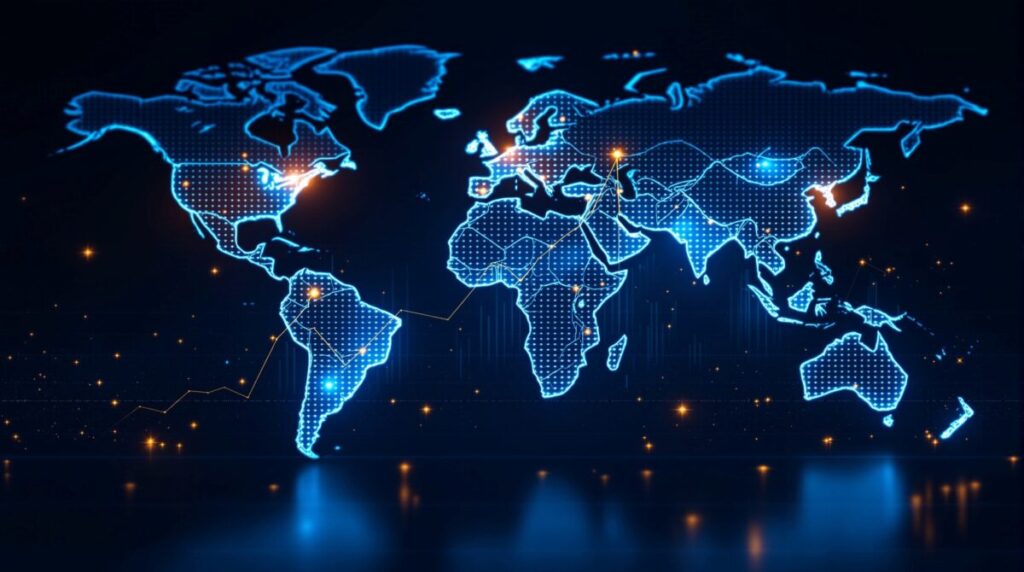 Mapa global con gráficas financieras que representan el desempeño de los mercados emergentes ante la debilidad del dólar