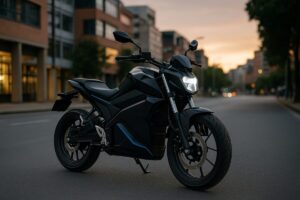 Moto eléctrica Zio Vx circulando en ciudad colombiana con fondo modernoMoto eléctrica Zio Vx circulando en ciudad colombiana con fondo moderno