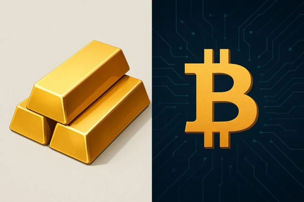 Oro físico y símbolo de bitcoin reflejando su contraste como activos refugio frente a volatilidad global