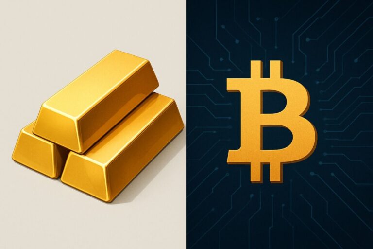 Oro físico y símbolo de bitcoin reflejando su contraste como activos refugio frente a volatilidad global