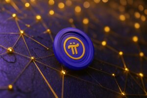 Ilustración editorial de usuario con smartphone mostrando la app Pi Network en Filipinas