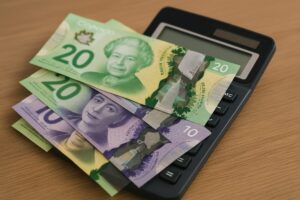 Billetes de dólar canadiense sobre una calculadora, representando el tipo de cambio en México