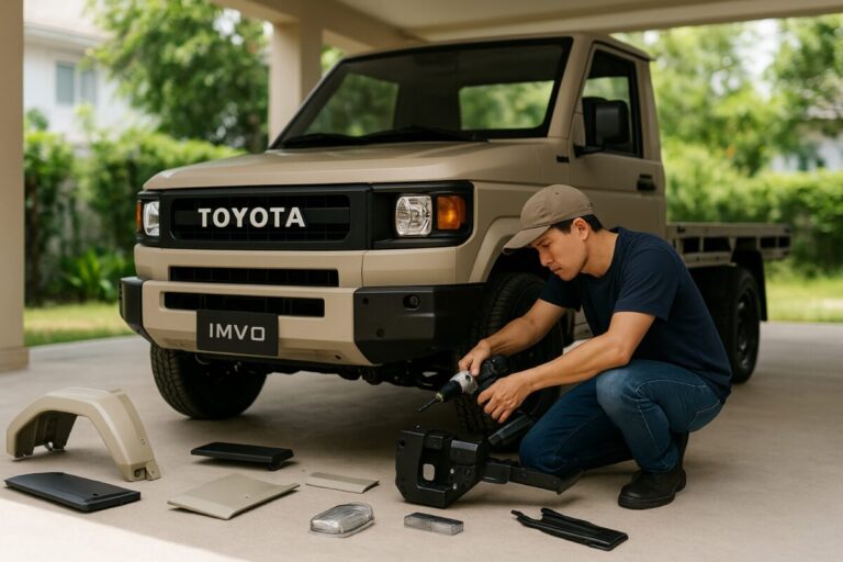 Persona ensamblando el vehículo modular Toyota IMV 0 en un entorno residencial