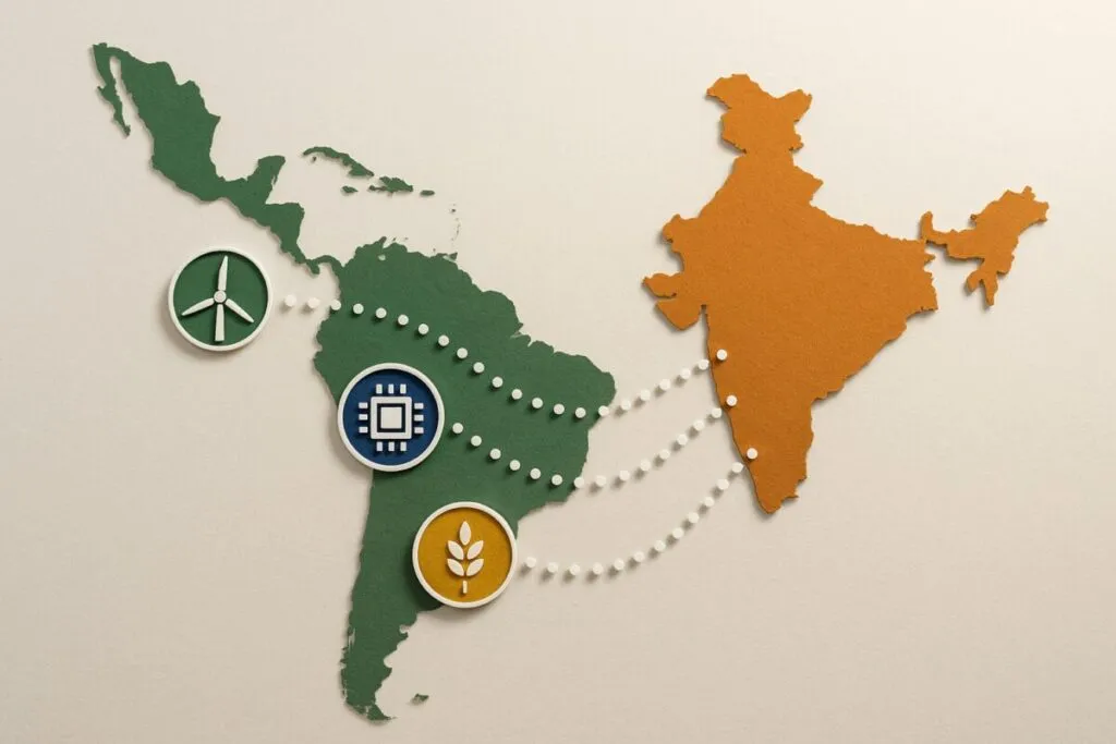 Ilustración editorial de vínculos económicos entre India y América Latina, destacando cooperación e innovación