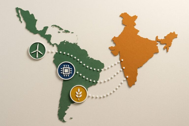 Ilustración editorial de vínculos económicos entre India y América Latina, destacando cooperación e innovación