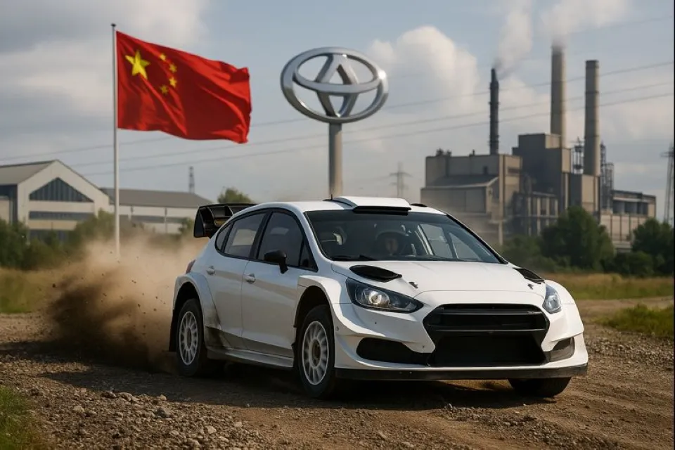 Ilustración editorial de un coche de rally con referencias visuales a un fabricante chino como nuevo socio de M-Sport