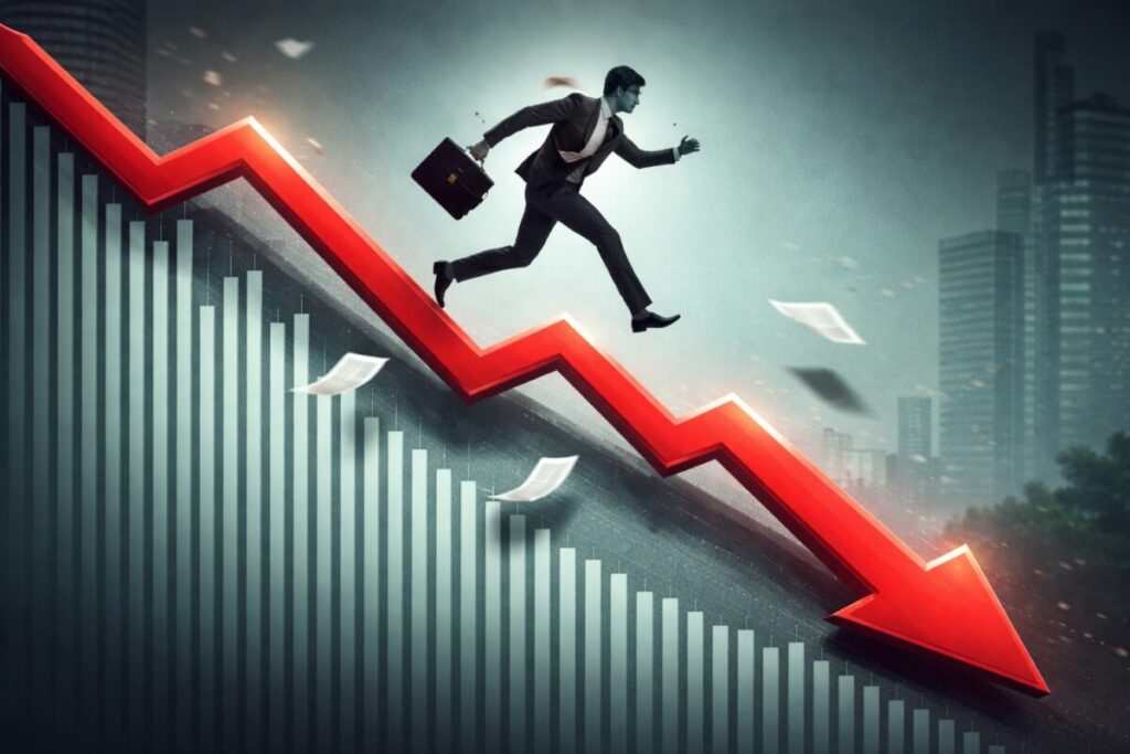 Persona descendiendo por una gráfica roja que simboliza la contracción del mercado laboral en México